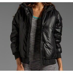 Theory Women's Size Medium Black Strider Puffer Hooded Nylon Zip Snap Ski Jacket